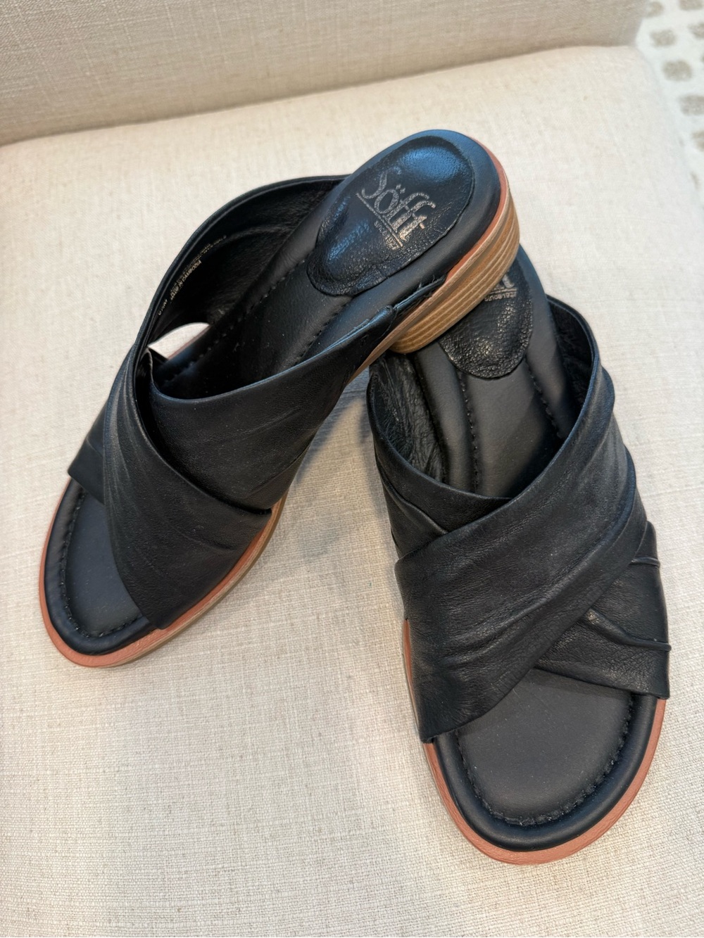 Sofft Black Leather Crisscross Slip-On Sandals with Wood-Look Heel
